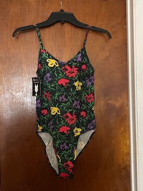 Ethika Floral Print Bodysuit - Black with Green, Purple & Red Accents